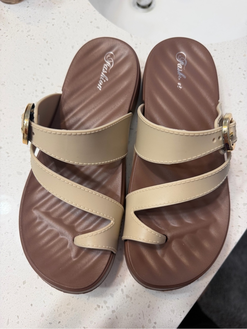 Beige Slide Sandals with Buckle